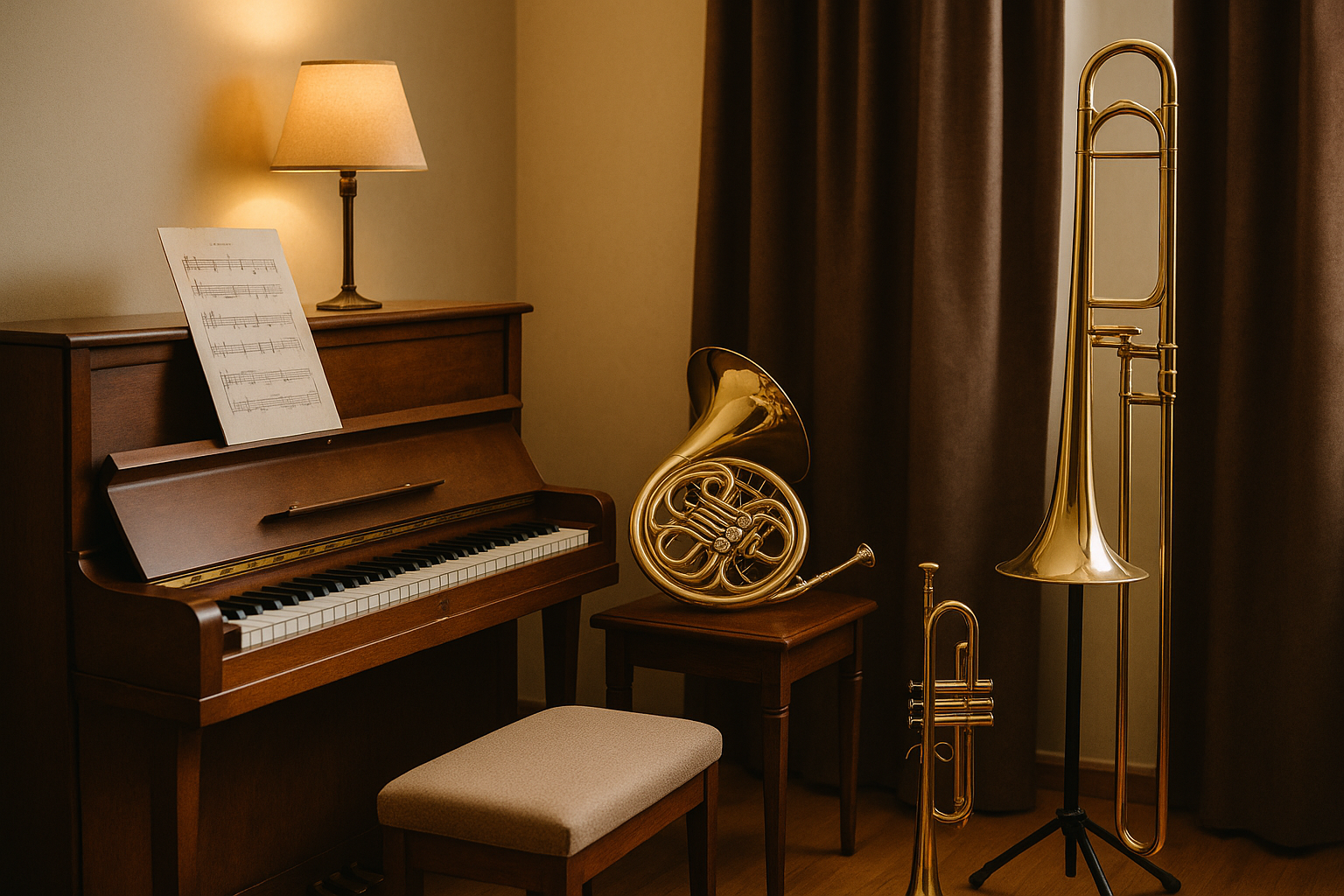 music studio with warm lighting and upright piano, French horn, trumpet and trombone. Adaptive music lessons.