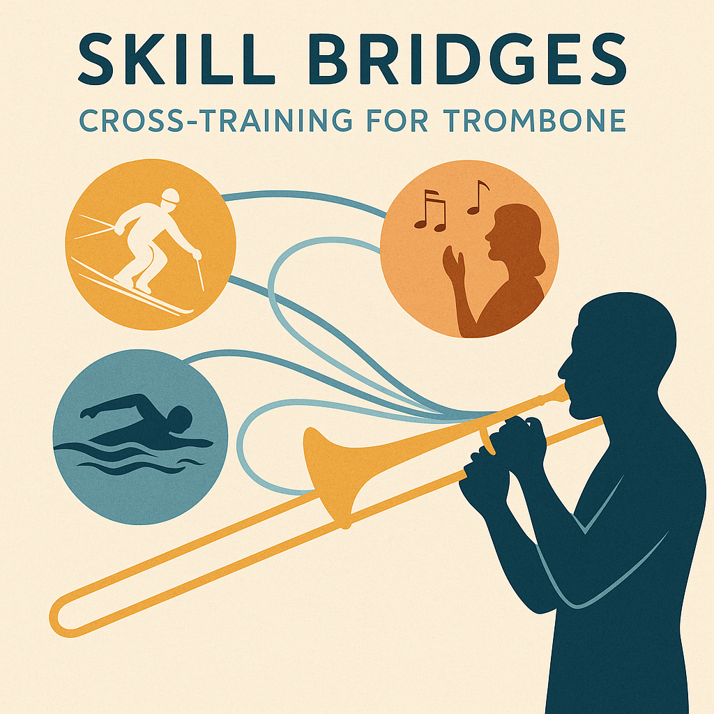trombone silhouette with bubbles for a skier, swimmer, and singer
